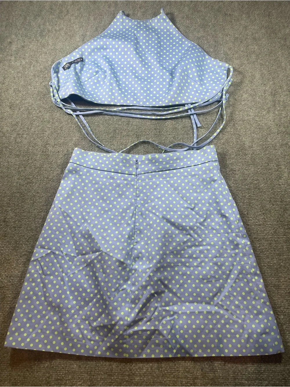 Zara Light Blue Halter Top & Skirt Set with Green Polka Dots